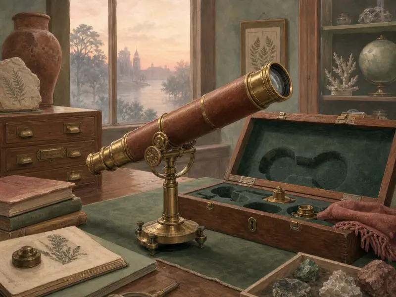 Antique brass and leather telescope on a wooden desk next to an open case and books beside a window.