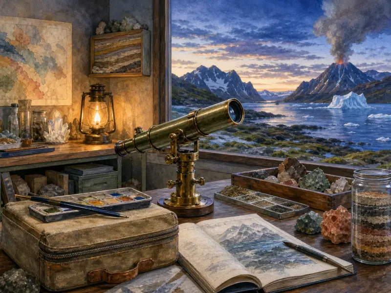 Brass telescope on a wooden desk with mineral specimens and an open sketchbook looking out at a smoking volcano.