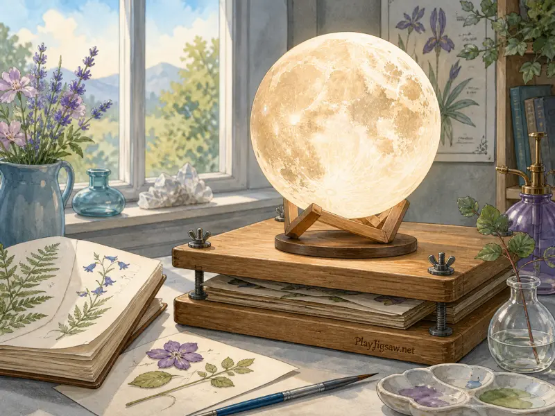 A glowing spherical moon lamp rests on a wooden plant press surrounded by botanical sketches and flowers by a window.