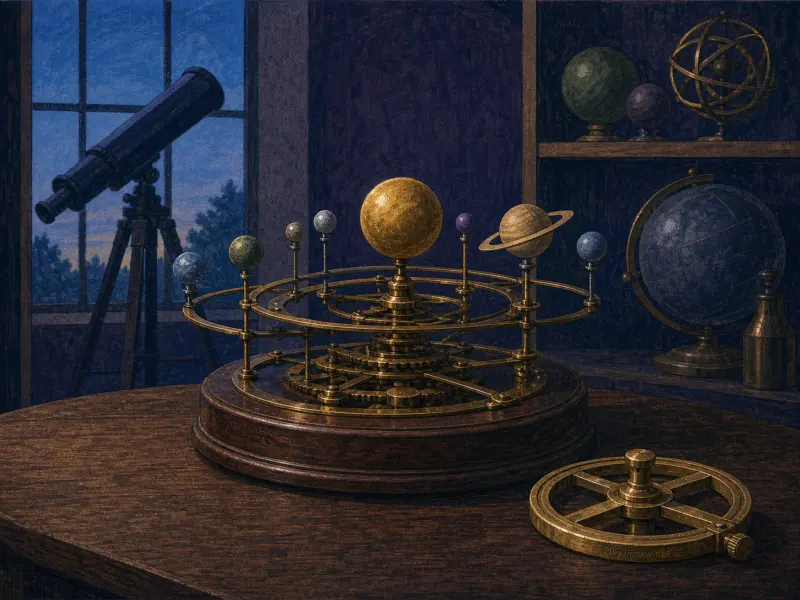 An antique brass orrery on a wooden table with a telescope by a window and globes on shelves in the background.