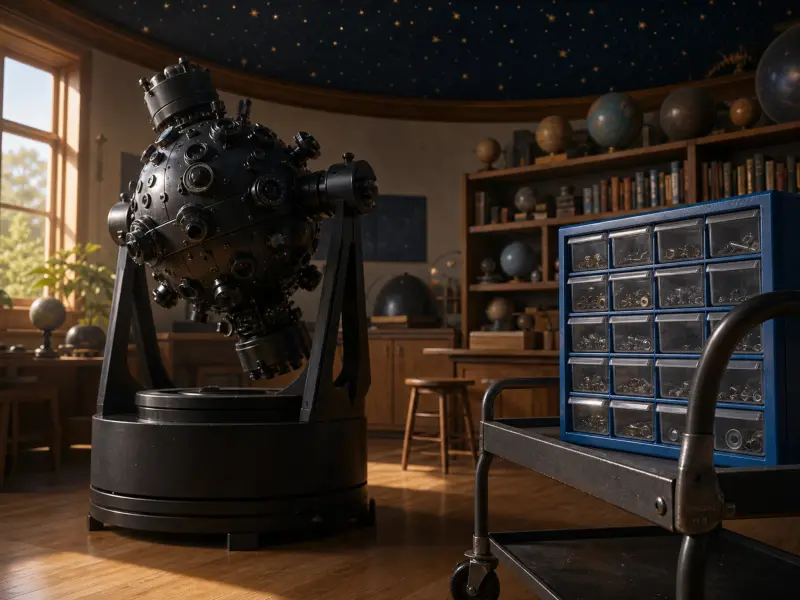 A dark vintage mechanical planetarium projector in a wooden workshop with globes, books, and a starry ceiling.