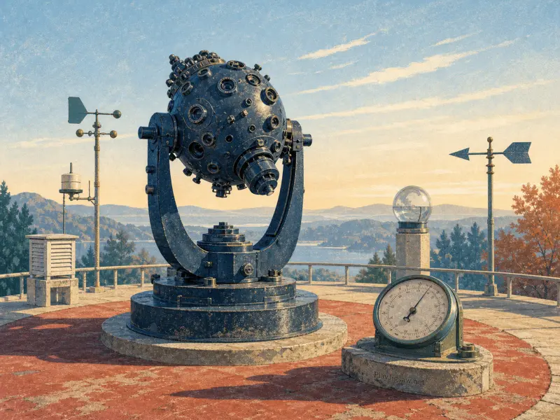 A spherical star projector and meteorological gauges rest on an open-air stone observation terrace above a lake.