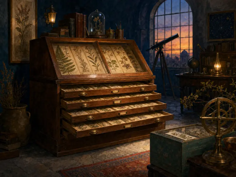 An antique wooden herbarium cabinet with pulled-out drawers of pressed plants beside a telescope and arched sunset window.