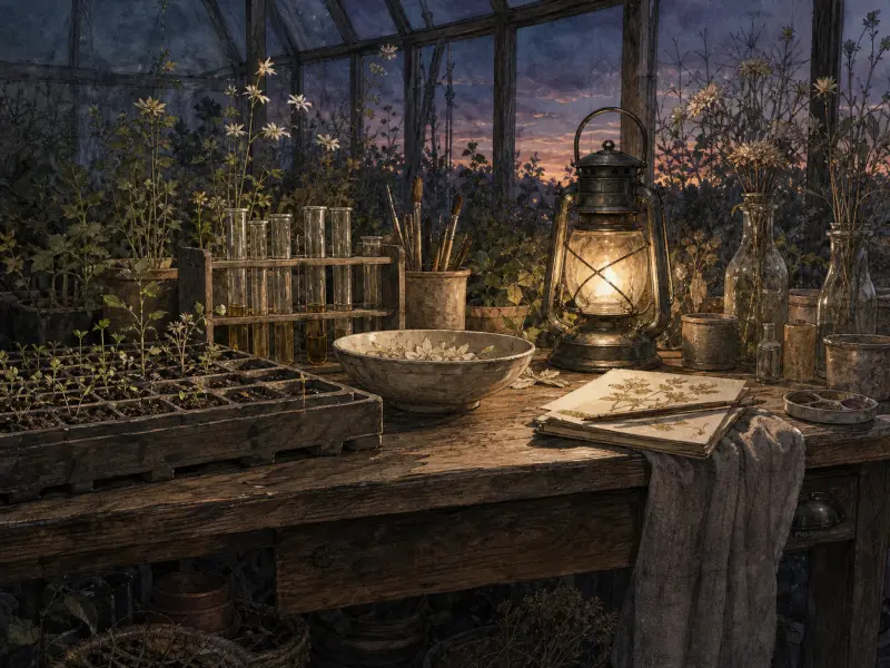 A rustic greenhouse workbench at dusk with an illuminated lantern, seedling trays, test tubes, and botanical sketches.