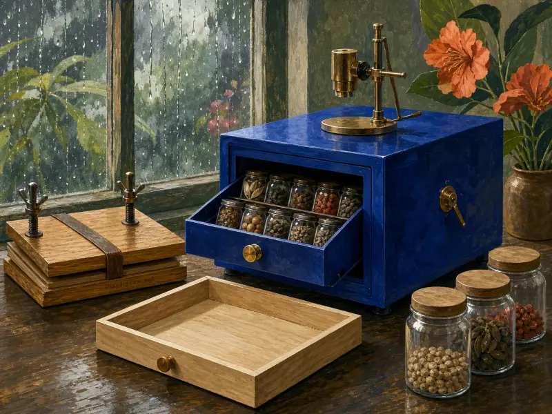 A blue wooden cabinet with jars of seeds sits on a desk beside a flower press and a rain-streaked window.