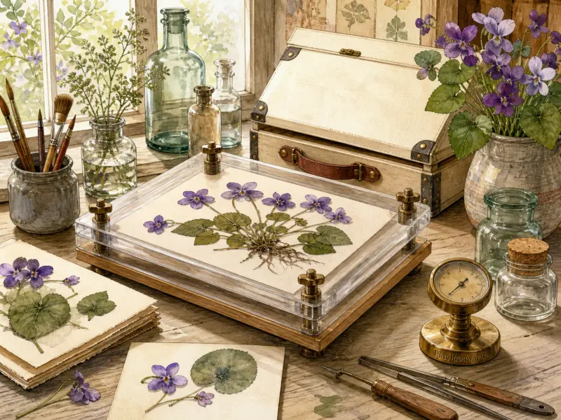 A flower press holding pressed purple violets on a wooden desk with botanical specimens, glass bottles, and brushes.