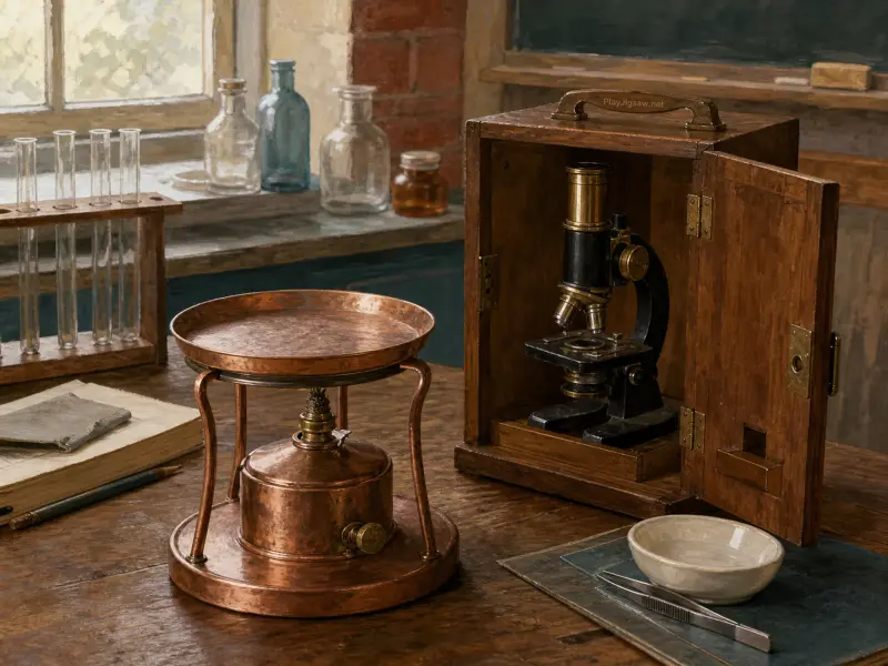 An antique brass microscope in a wooden box beside a copper burner on a rustic laboratory worktable.