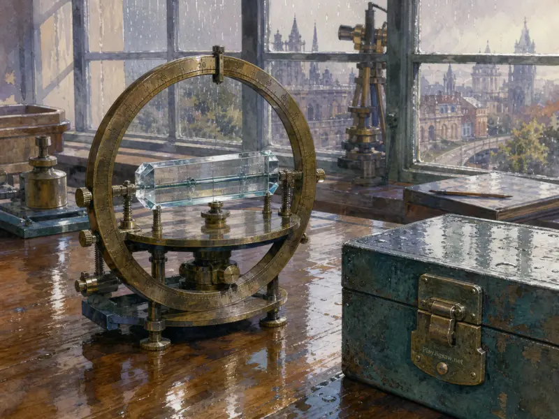 An antique brass optical instrument with a glass prism sits on a wooden table beside a rainy window overlooking a city.