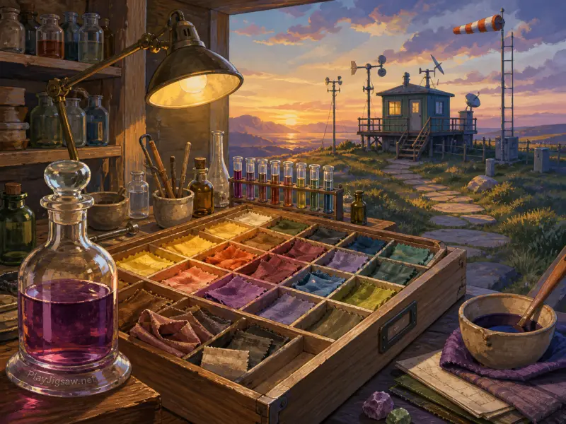 A laboratory workbench with colorful fabric swatches and glass jars overlooks a weather station at sunset.