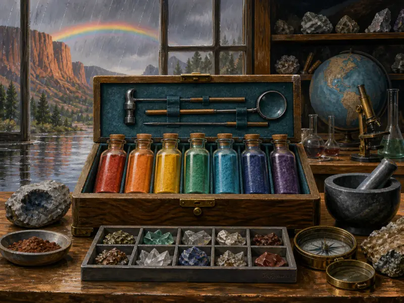 A wooden box filled with rainbow pigment vials and tools on a table overlooking a rainy landscape with a rainbow.