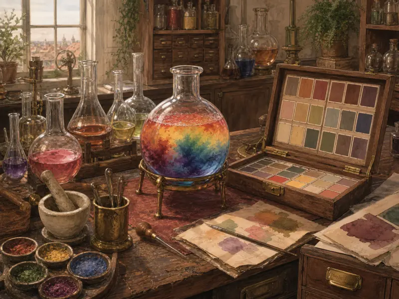A laboratory desk filled with glass flasks, colorful pigment powders, and a wooden box of paint swatches.