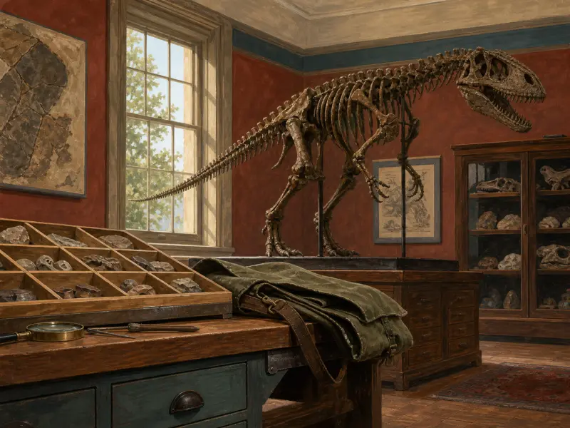 A mounted theropod dinosaur skeleton stands in a paleontology study with fossil trays and specimen cabinets.