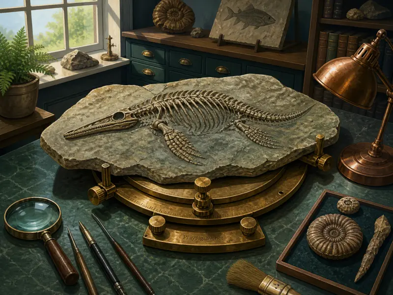 A prehistoric marine reptile fossil on a brass turntable surrounded by paleontology tools and ammonites.