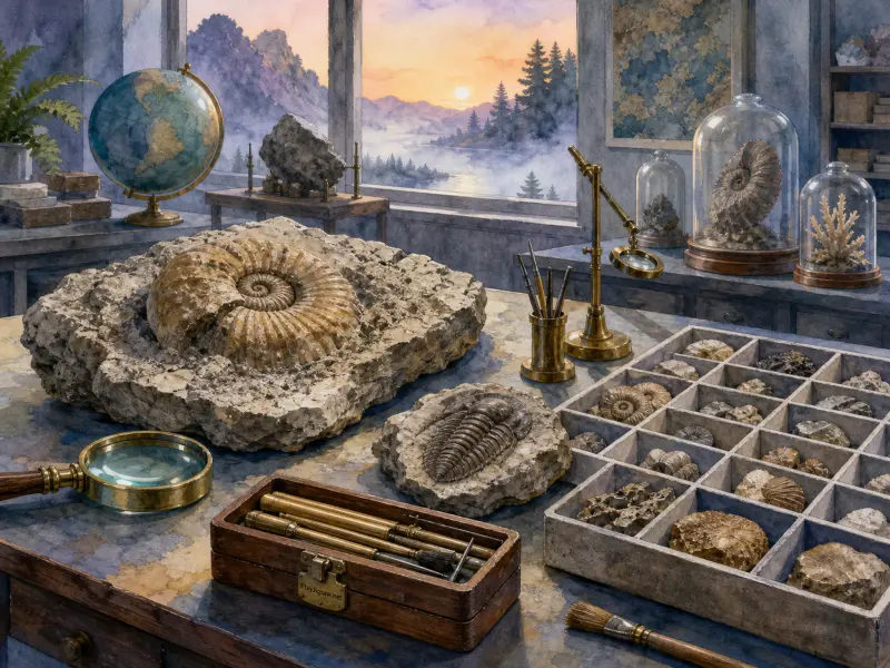 A desk with ammonite and trilobite fossils, magnifying glass, specimen tray, and a window viewing a misty sunrise.