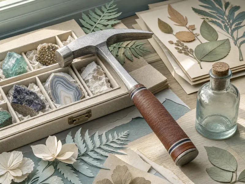 A steel rock hammer resting on a collection box of mineral specimens alongside dried ferns and a glass bottle.