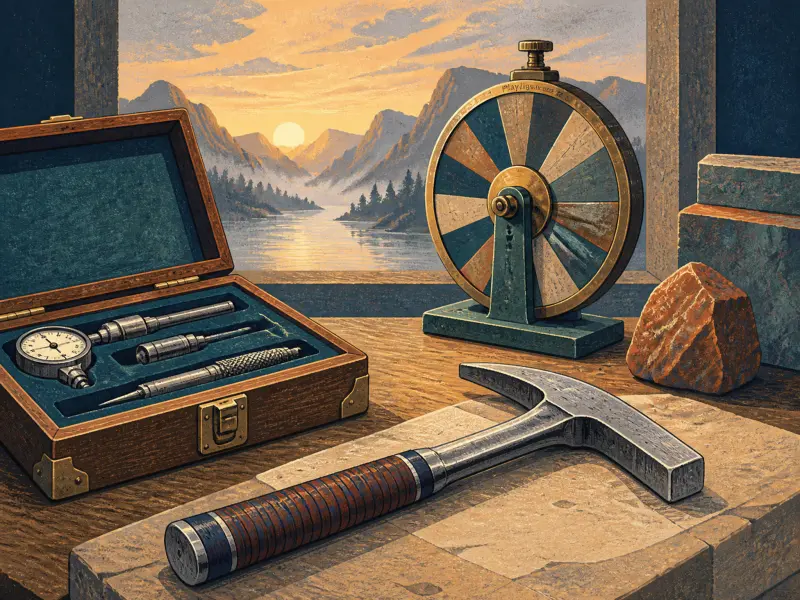 A geological hammer, specimen rock, and case of instruments on a desk overlooking a mountain sunrise.