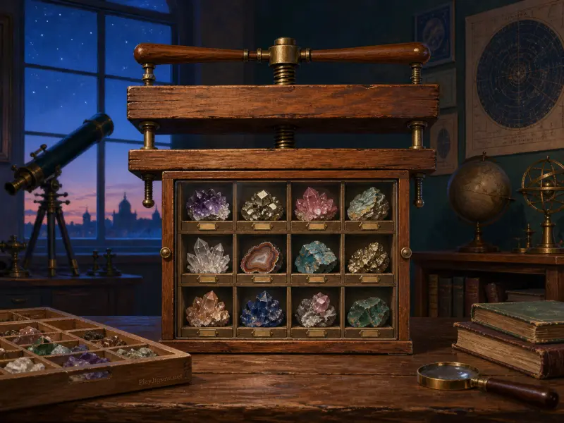 A wooden cabinet of colorful crystal specimens rests on a desk beside a telescope and starry window.