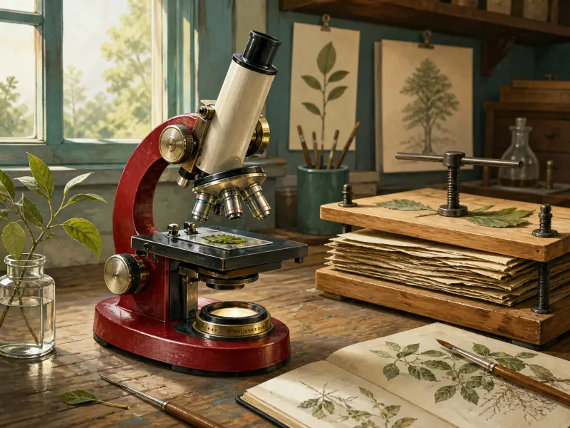 A red antique microscope on a wooden table beside a plant press, botanical sketchbook, and fresh leaves.