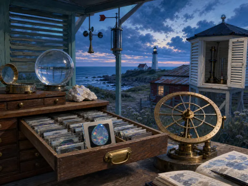A collection of antique weather instruments and mineral specimens overlooking a coastal lighthouse at twilight.