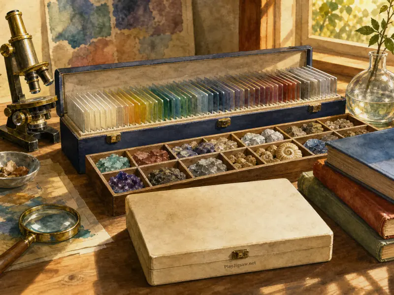 Antique microscope, rainbow glass slides in a blue case, and mineral specimens arranged on a sunlit wooden desk.