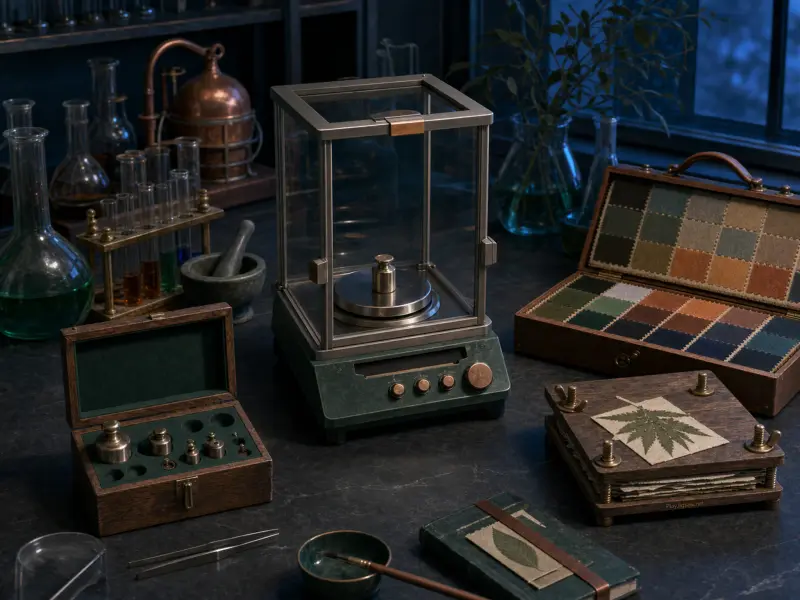 Precision glass balance scale surrounded by brass weights, a plant press, and chemistry glassware on a dark desk.