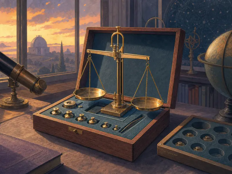 A brass balance scale in a wooden case on a desk beside a telescope overlooking an observatory at sunset.