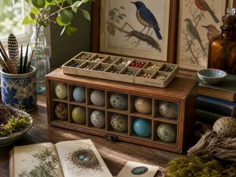 A naturalist's wooden desk with a display case of speckled bird eggs, an open field guide, and framed bird prints.