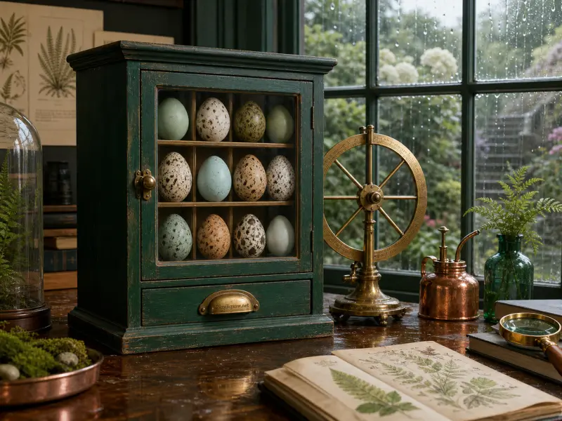 A vintage green cabinet displaying speckled bird eggs sits on a wooden desk beside botanical books and a rainy window.