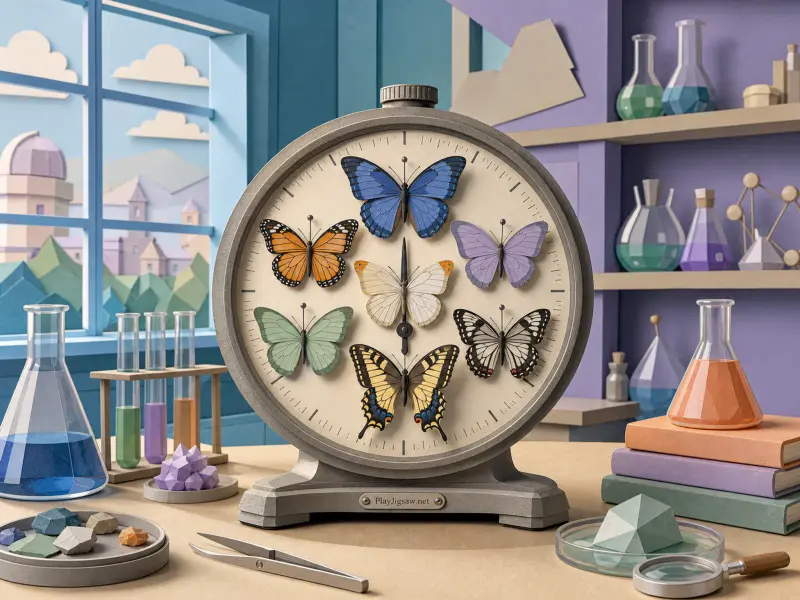 Seven pinned butterflies displayed inside a clock-style frame on a laboratory desk surrounded by flasks and tools.