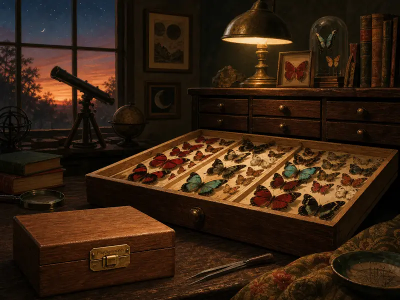 An open wooden drawer of pinned butterflies sits on a desk beside a lamp, telescope, and sunset window.