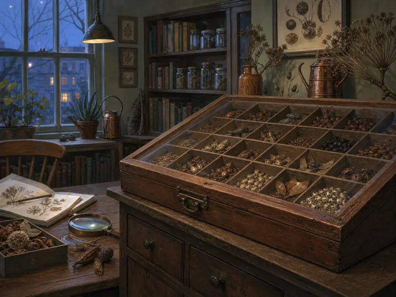 A slanted wooden display case filled with sorted seeds and pods sits on a desk next to an open botanical journal.