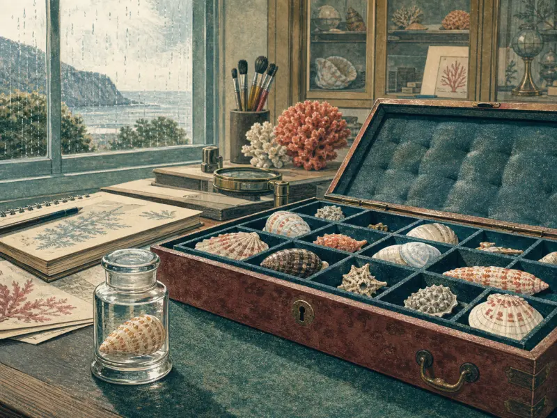 A collection of seashells arranged in a wooden box on a desk beside botanical sketches and a rainy window.