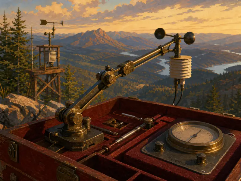 A brass robotic weather monitoring arm and dial mounted inside a wooden field kit overlooking a mountain valley.