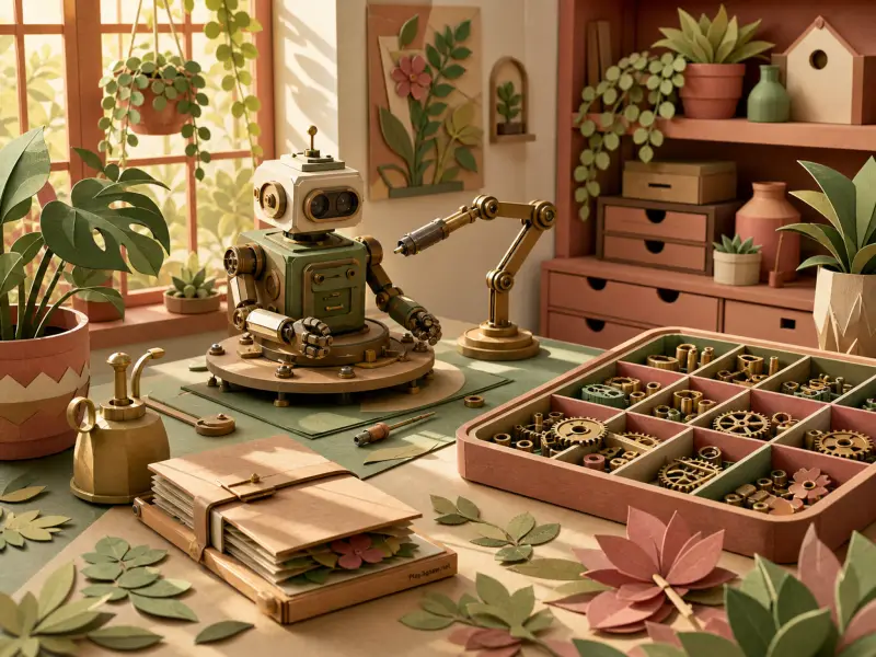 A small toy robot on a craft desk next to a wooden tray of gears and paper foliage in a sunny room.