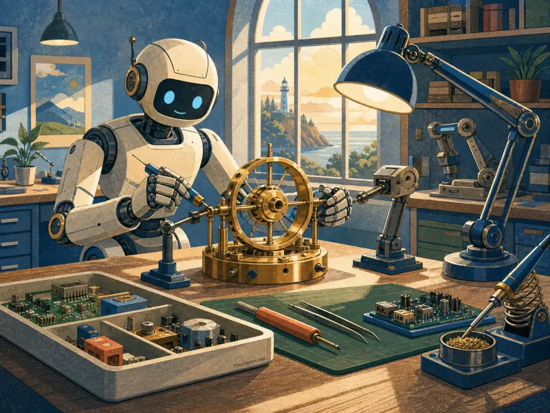 A robot assembling a brass mechanism at a workbench overlooking a coastal lighthouse.