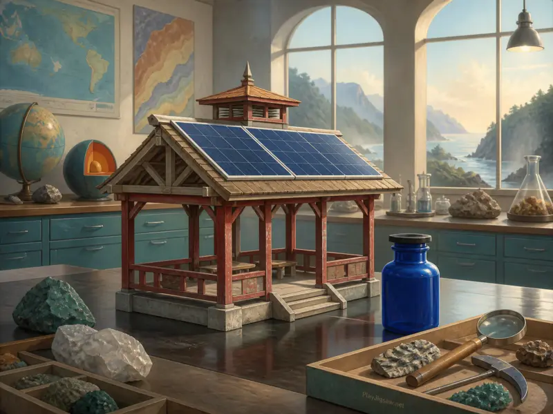 Miniature wooden pavilion with solar panels on a science lab table surrounded by rock specimens and a globe.