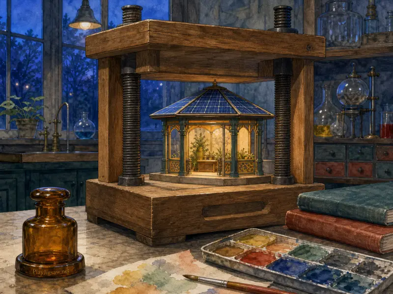 A miniature illuminated gazebo with solar panels inside a wooden press on a cluttered workshop table.