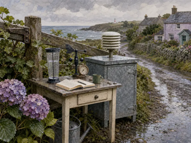 Weather instruments and an open notebook on a wooden table beside a wet coastal lane leading to seaside cottages.
