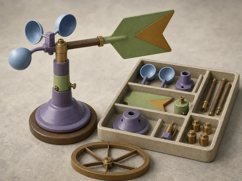 A miniature weather vane and anemometer model next to its parts organized in a compartmentalized tray.