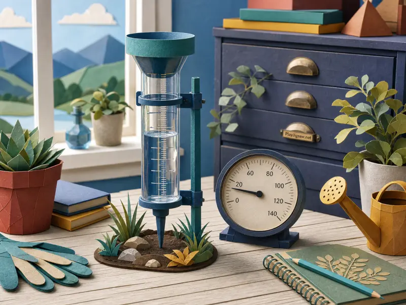 Papercraft rain gauge and round weather dial on a wooden desk beside potted plants and a small watering can.