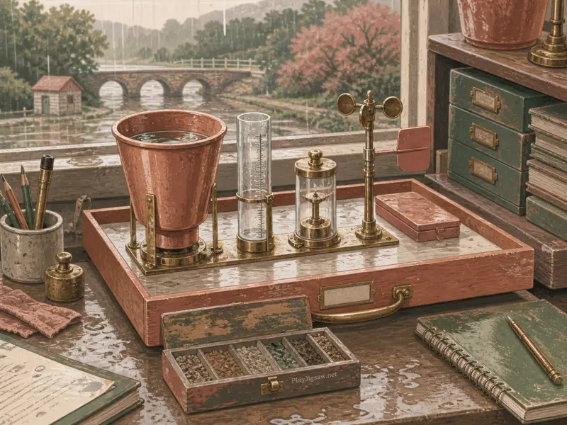Vintage weather instruments and notebooks arranged on a desk beside a rain-streaked window overlooking a stone bridge.