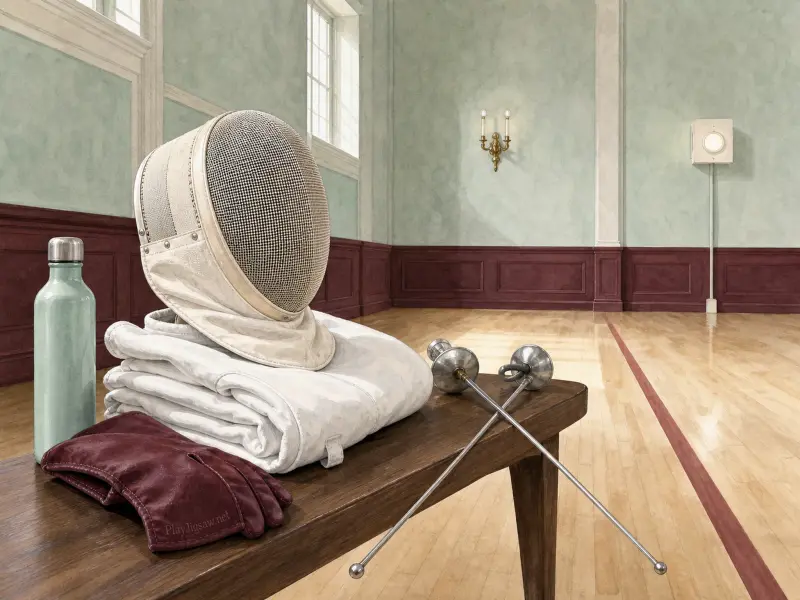 Fechtmaske, weiße Jacke, roter Handschuh und zwei Floretts auf einer Holzbank in einem historischen Fechtsaal.