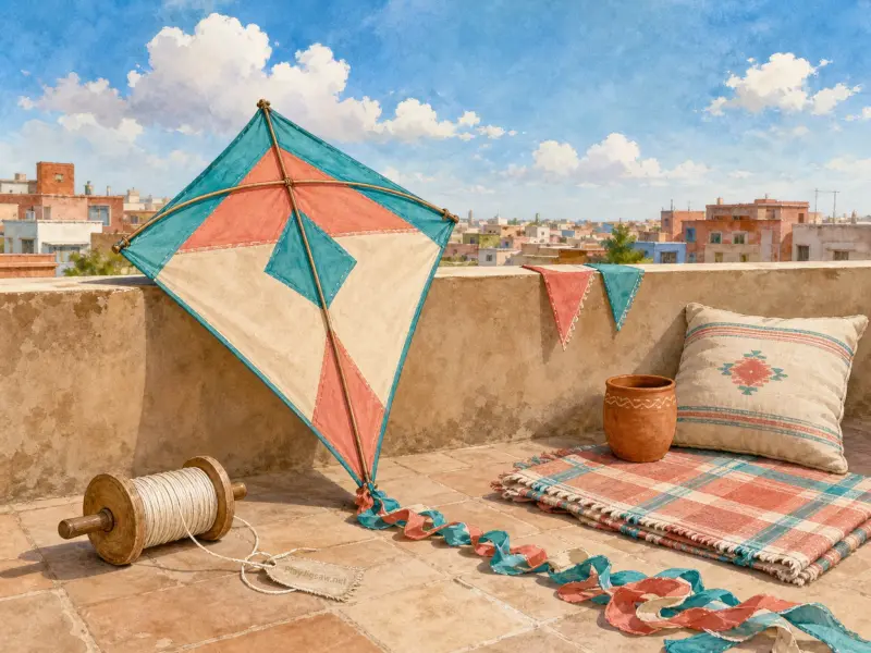 A colorful diamond kite rests against a sunny rooftop wall alongside a string spool and a patterned cushion.