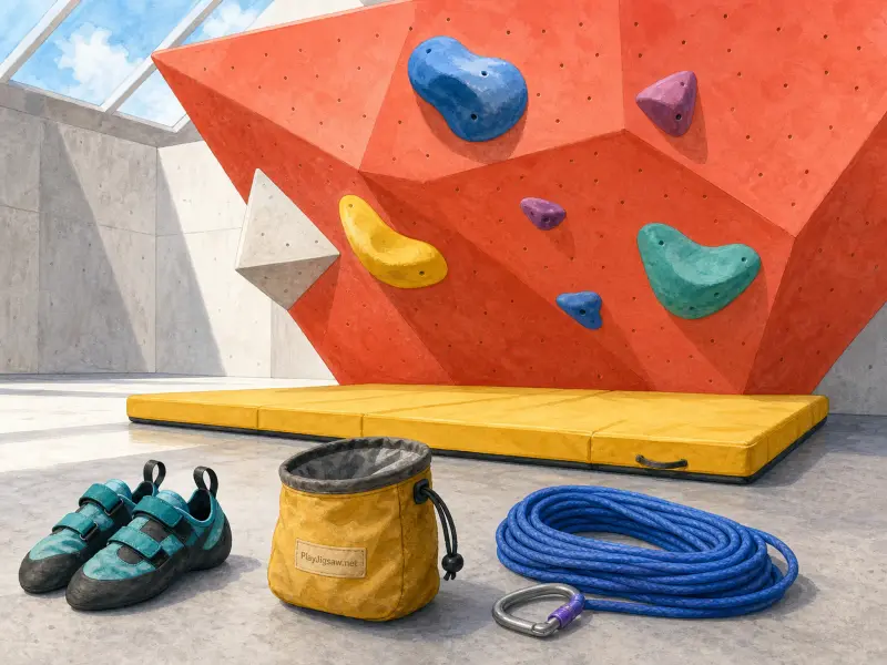 Climbing shoes, a chalk bag, and blue rope rest before an indoor bouldering wall with colorful holds.