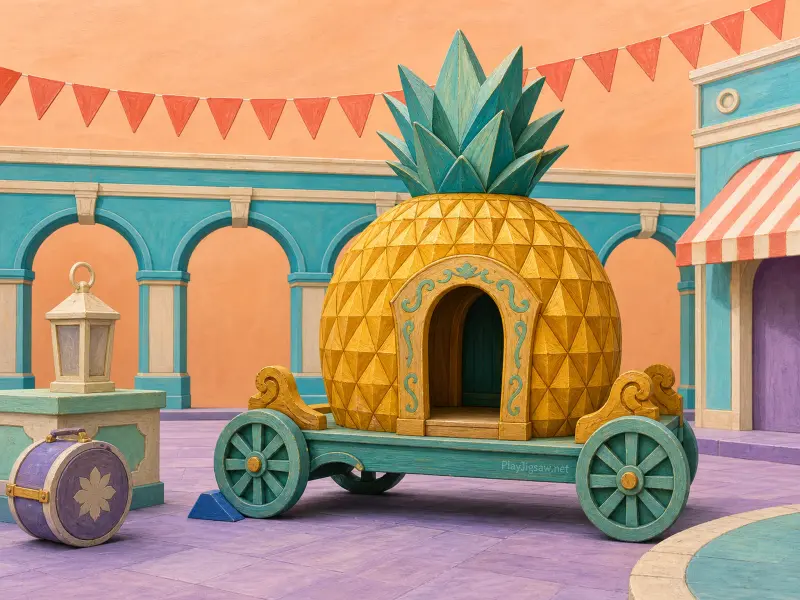 A yellow pineapple-shaped carriage on teal wheels parked in a pastel plaza beneath red bunting banners.