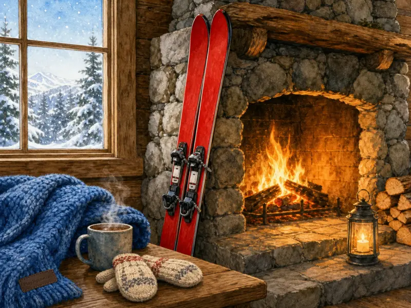 Red skis rest beside a glowing stone fireplace in a cozy cabin overlooking a snowy pine forest.