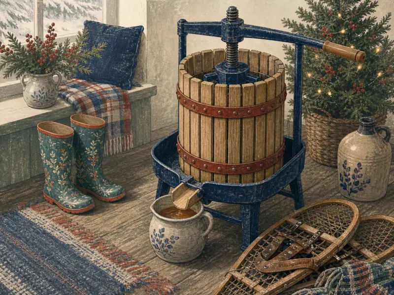A vintage wooden cider press dripping juice into a crock beside patterned boots and snowshoes inside a rustic room.