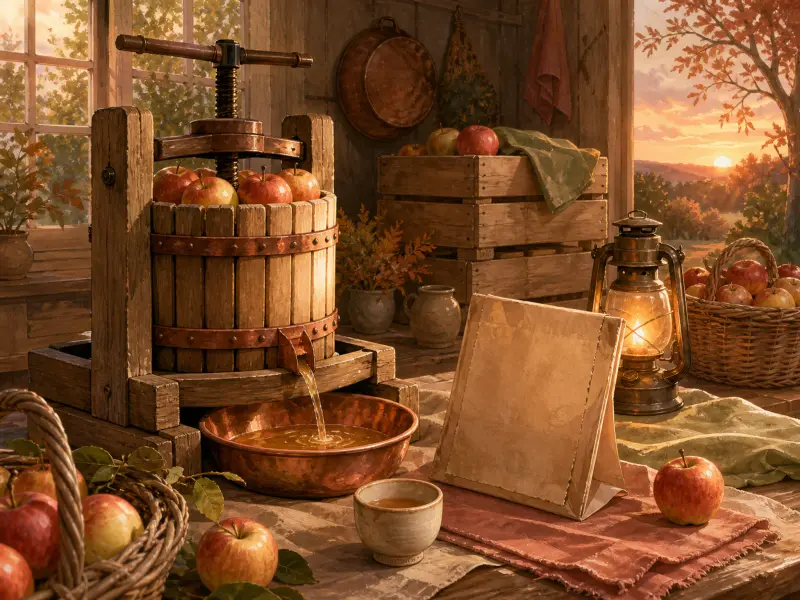 A traditional wooden apple cider press squeezing fresh juice into a copper bowl beside a glowing lantern at sunset.