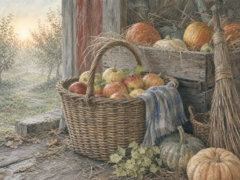 A wicker basket filled with apples rests on a rustic barn doorway beside pumpkins and a view of an orchard.