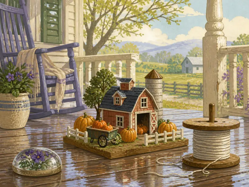 A miniature red barn with tiny pumpkins and a spool of rope on a wooden porch overlooking rolling green hills.